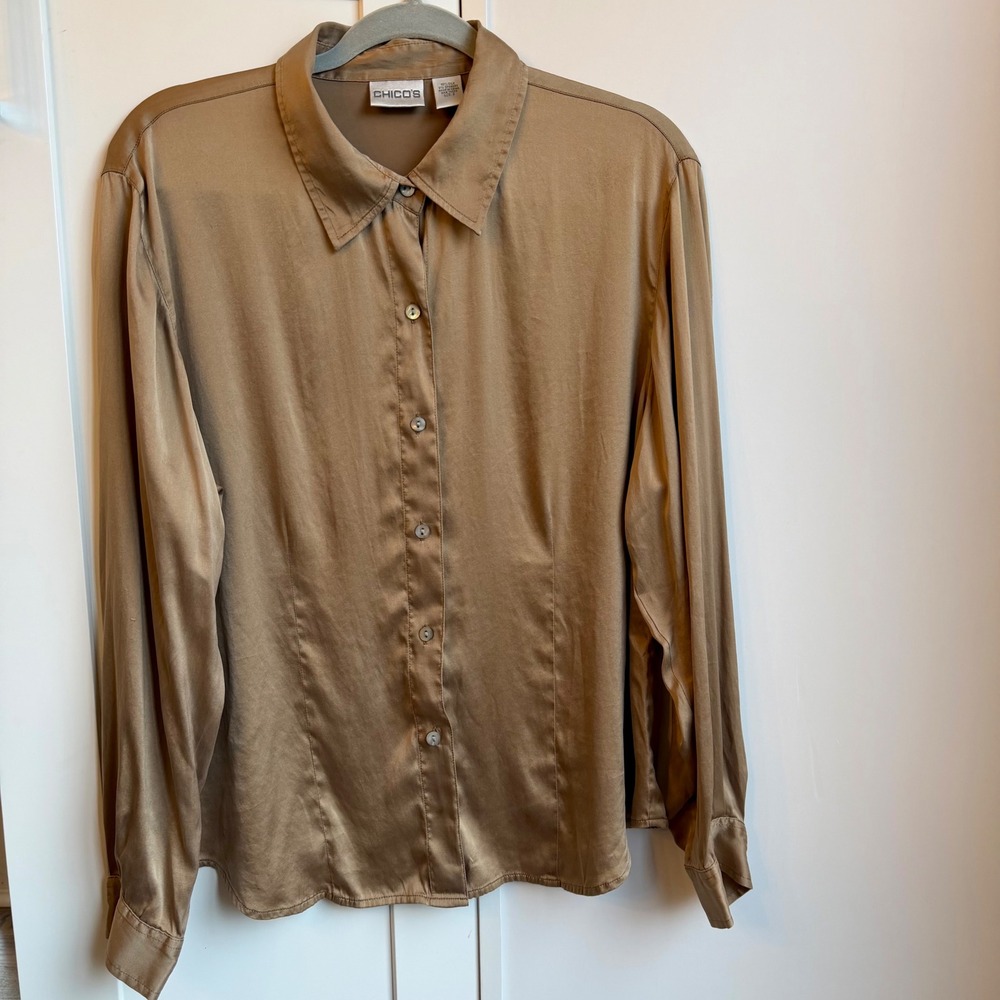 Chico's Silk Button‎ Down Blouse Size 2 (L) Gold Stretch Elegant Office Evening